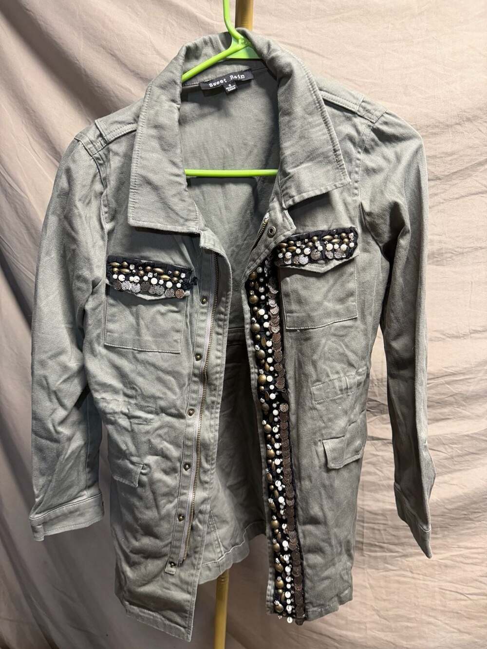 Sweet Rain Women's Olive Green Utility Military Jacket with Embellished Beaded D